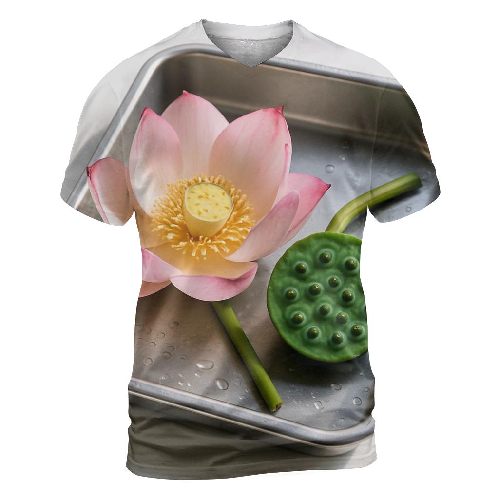Lotus Seedpod And Bloom In A Botanical Research Tray custom all-over print shirts