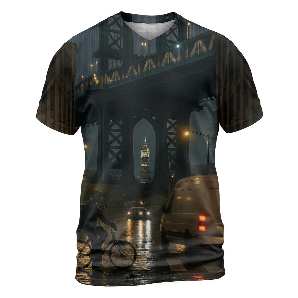 Rainy Night Reflections Under The Manhattan Bridge In DUMBO artistic all-over print tops