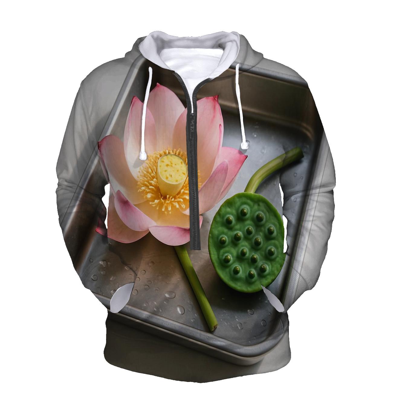 Lotus Seedpod And Bloom In A Botanical Research Tray embroidered hoodies