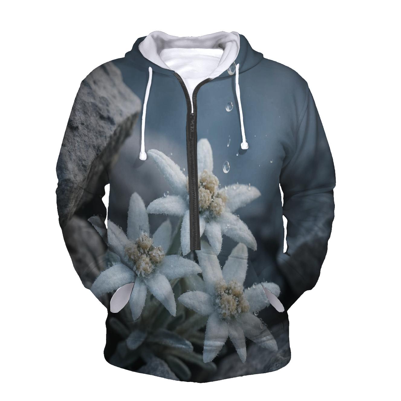 Edelweiss Cluster Under A Glacier Melt Drip embroidered hoodies