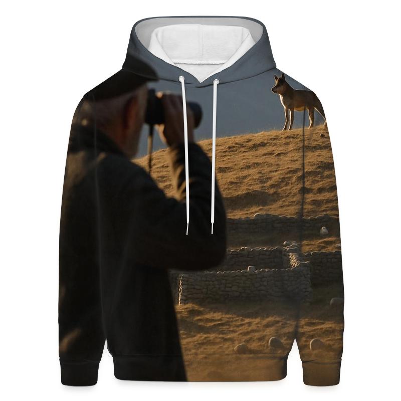 Elderly Shepherd Watching A Wolf At A Distant Ridge pullover hoodies