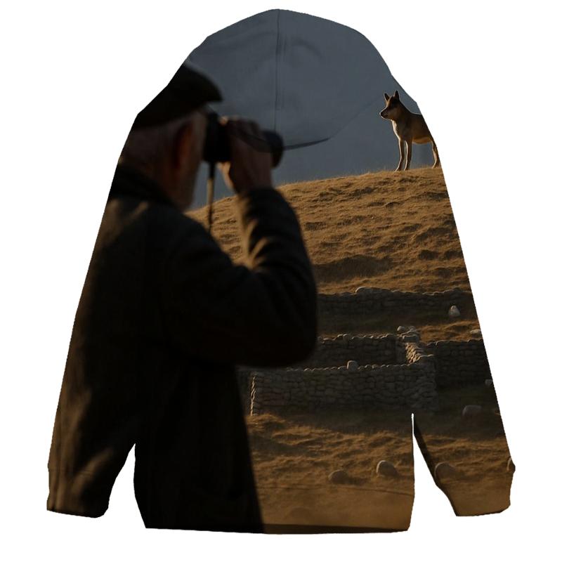 Elderly Shepherd Watching A Wolf At A Distant Ridge pullover hoodies