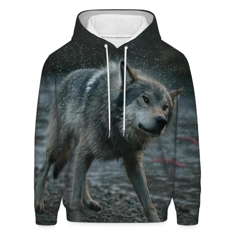 Wolf Shaking Off River Water Beside Salmon Spawning Channel graphic hoodies