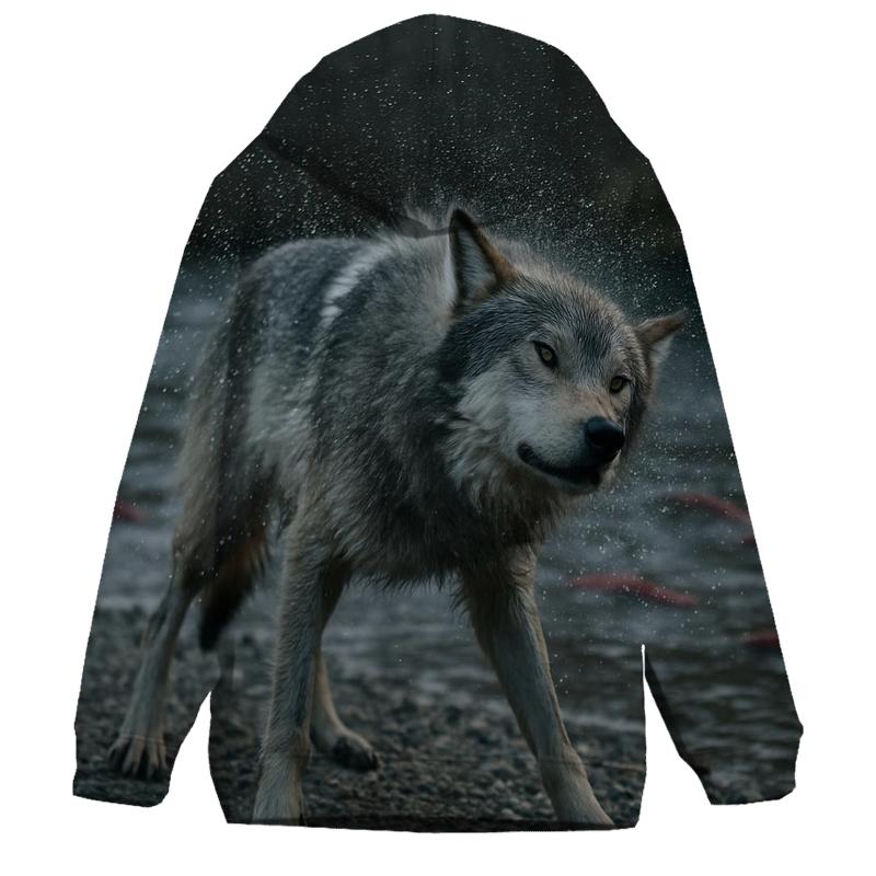 Wolf Shaking Off River Water Beside Salmon Spawning Channel graphic hoodies