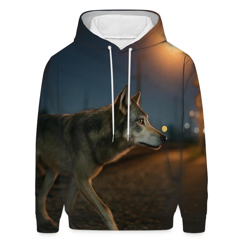 Urban Edge Wolf Following A Railway Gravel Shoulder At Night hoodie styles