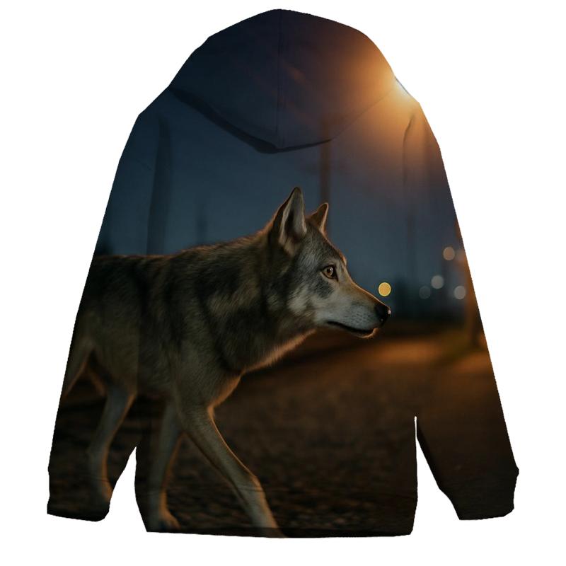 Urban Edge Wolf Following A Railway Gravel Shoulder At Night hoodie styles