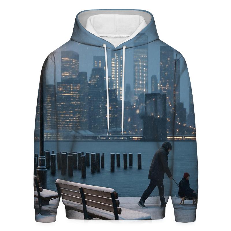 Snowfall Quiet At Brooklyn Bridge Park Skyline View premium hoodies