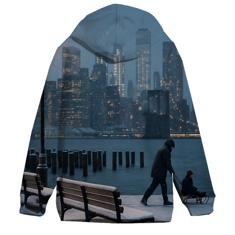 Snowfall Quiet At Brooklyn Bridge Park Skyline View premium hoodies