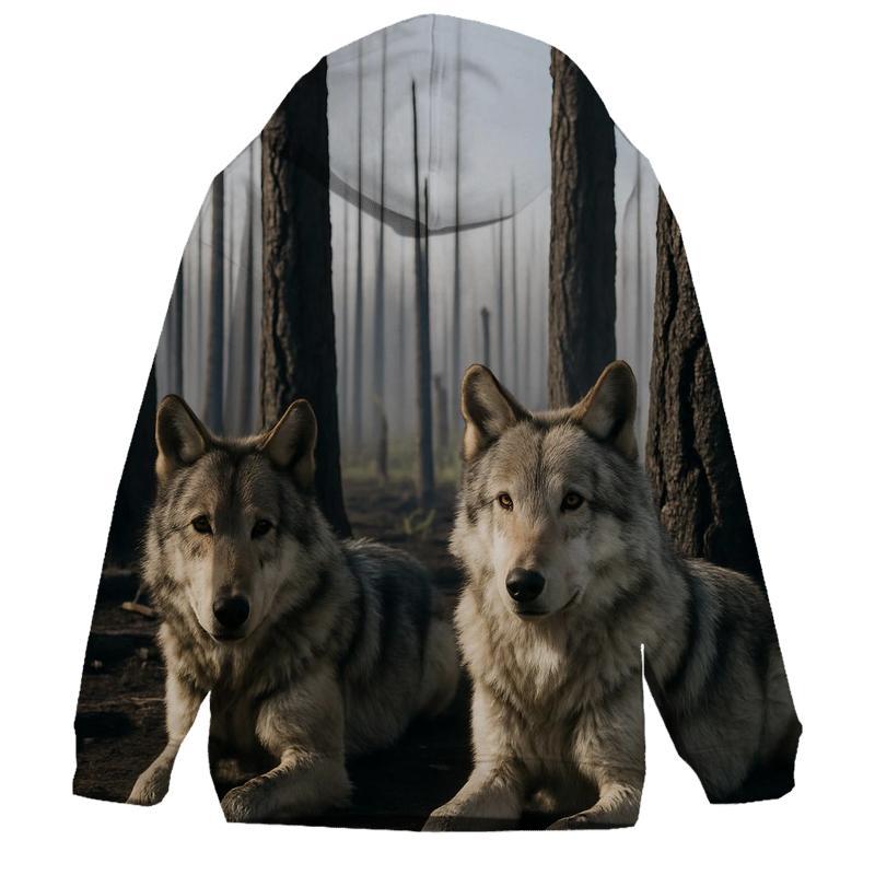 Wolves Resting In A Burn Scar Forest One Year After Wildfire graphic hoodies