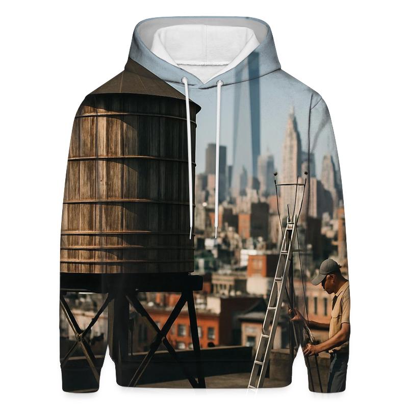 Chinatown Rooftop Water Tower With Downtown In Distance premium hoodies