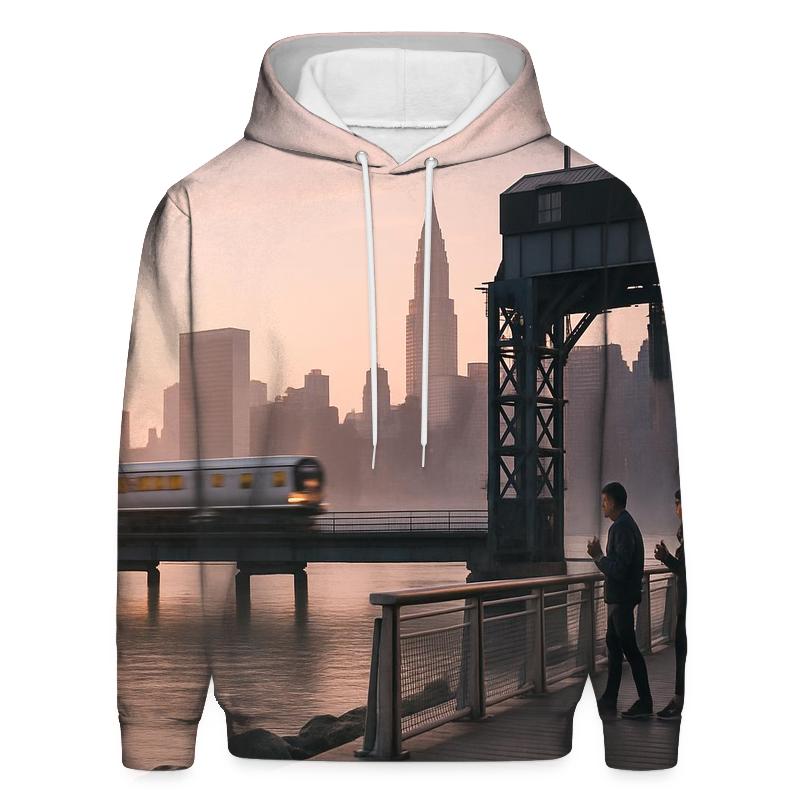 Gantry Plaza State Park Sunrise With East River Commuter Train pullover hoodies