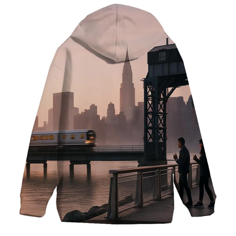 Gantry Plaza State Park Sunrise With East River Commuter Train pullover hoodies