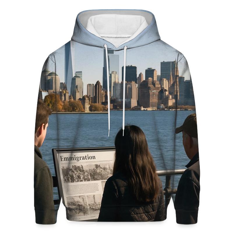 Liberty State Park View With Ellis Island History Signage printed hoodies