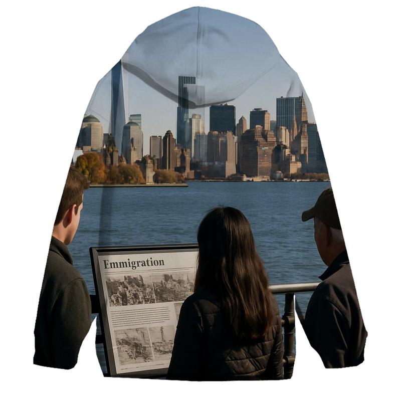 Liberty State Park View With Ellis Island History Signage printed hoodies