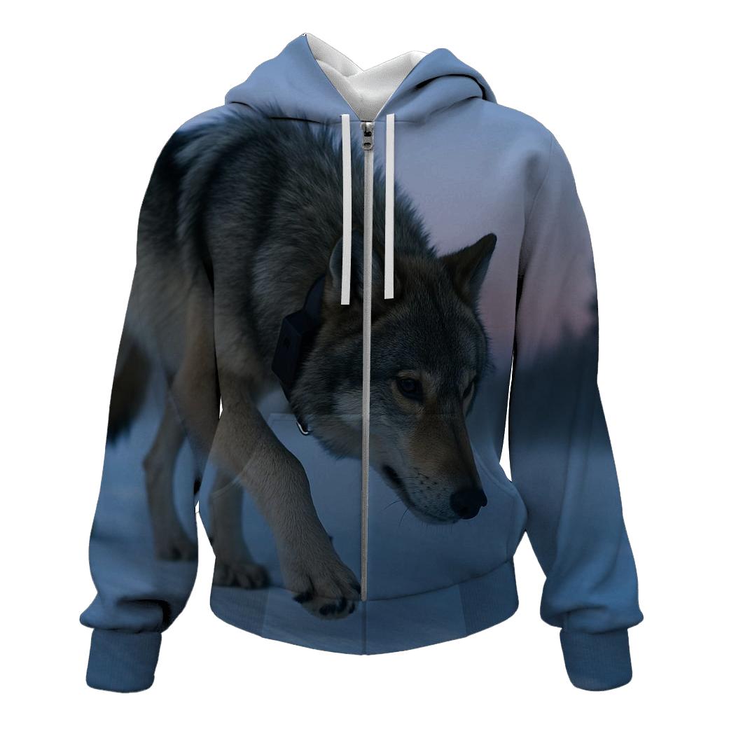 Radio Collared Wolf Crossing A Winter Pipeline Cutline heavyweight hoodies