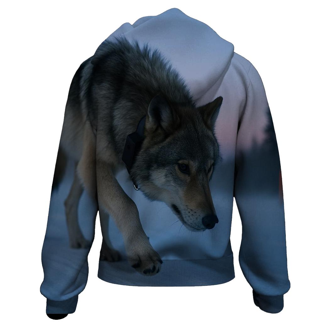 Radio Collared Wolf Crossing A Winter Pipeline Cutline heavyweight hoodies