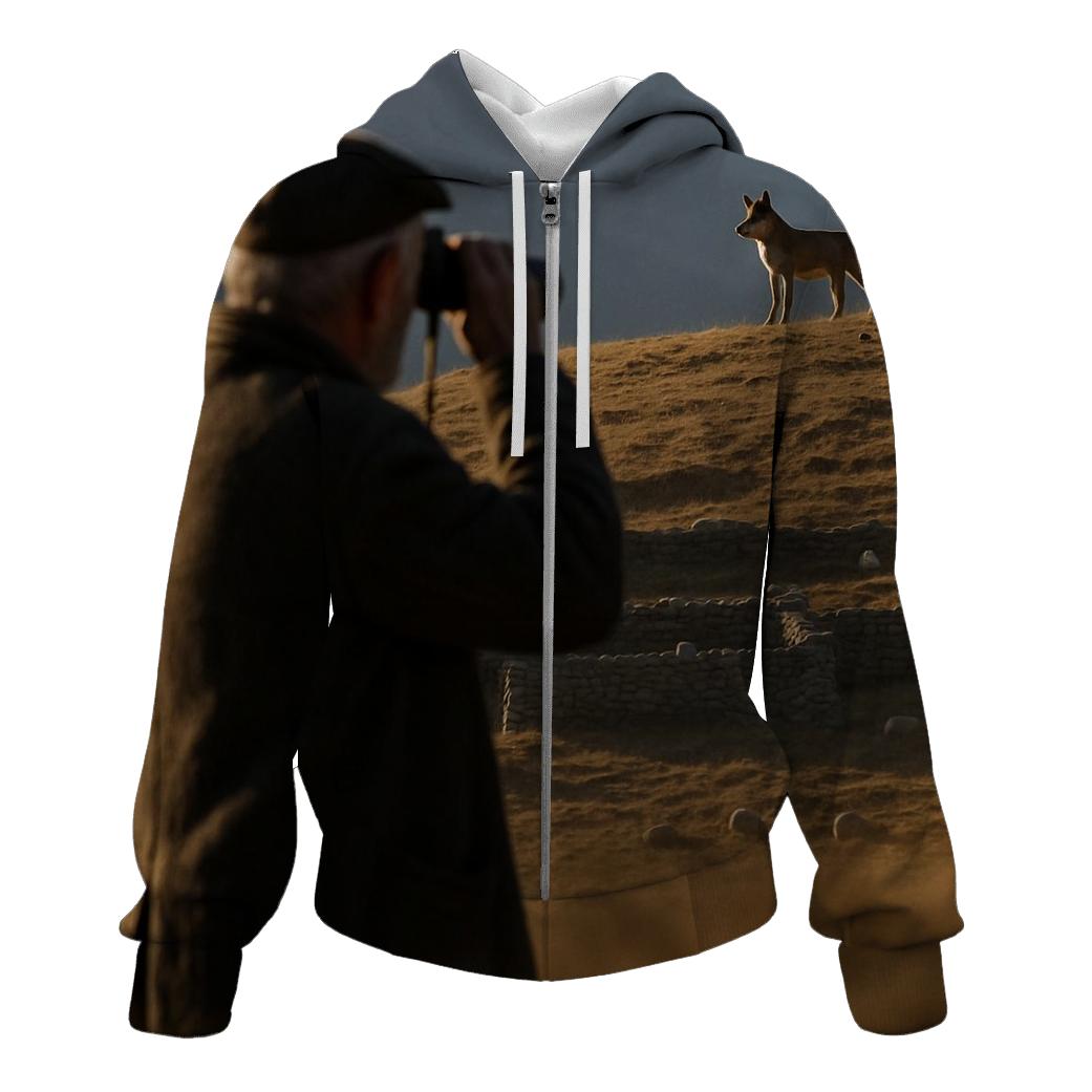 Elderly Shepherd Watching A Wolf At A Distant Ridge lightweight hoodies