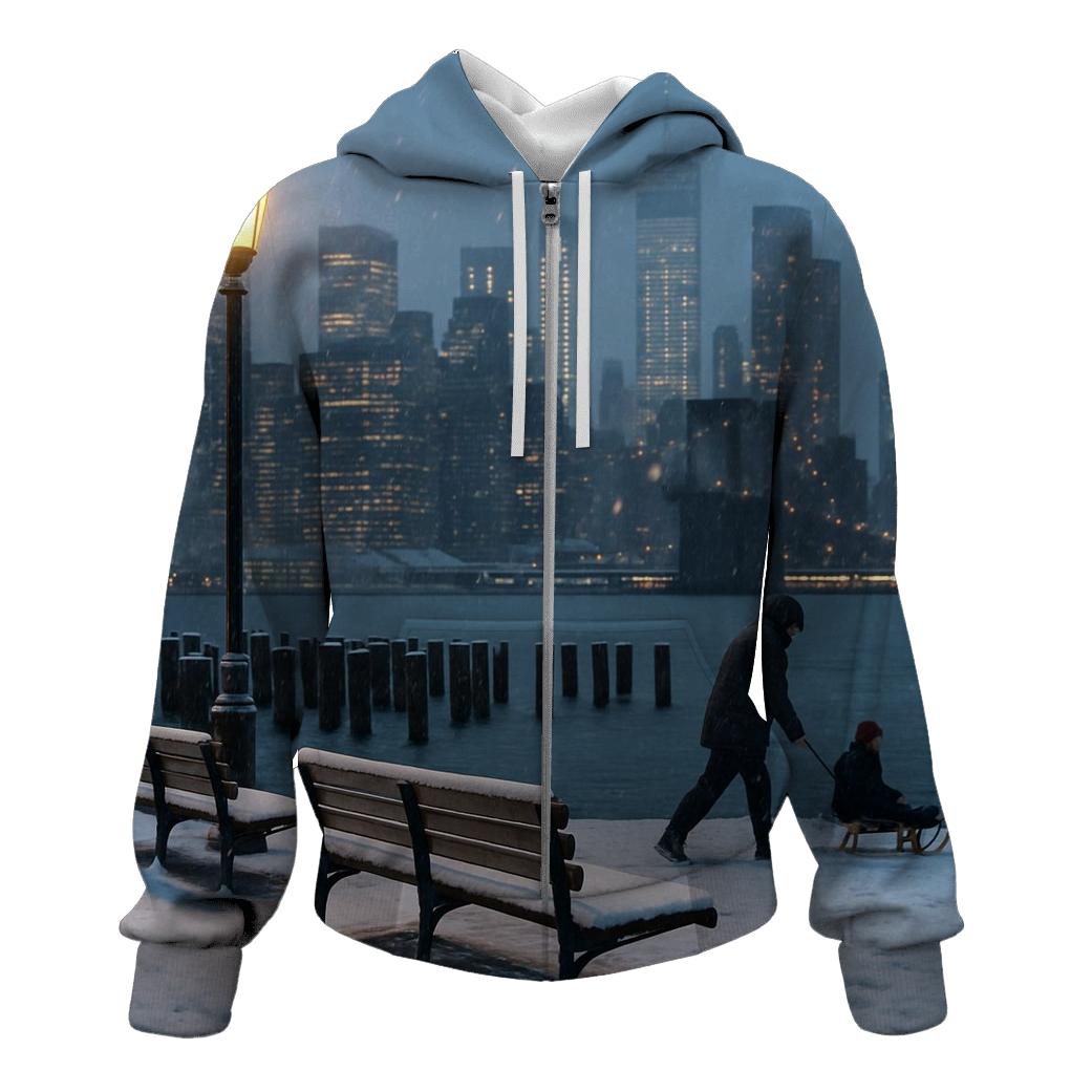 Snowfall Quiet At Brooklyn Bridge Park Skyline View embroidered hoodies