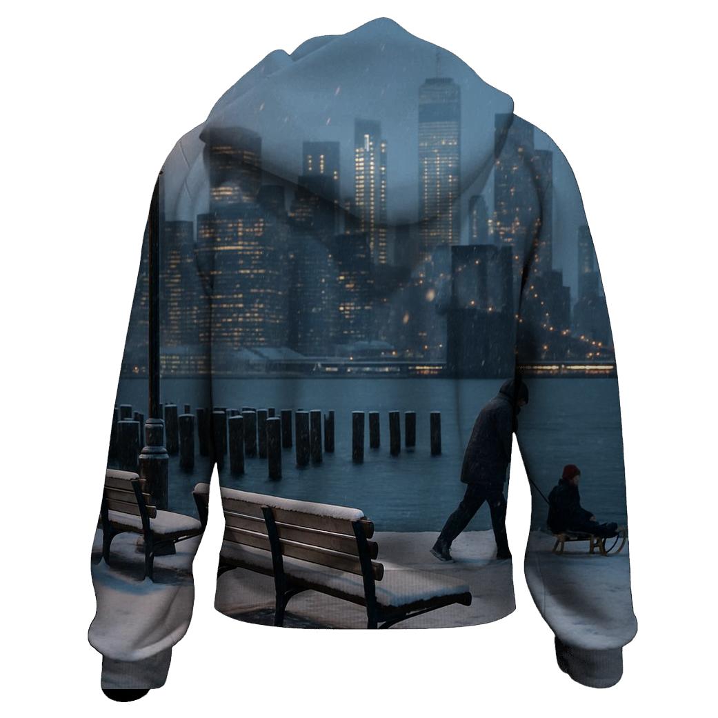 Snowfall Quiet At Brooklyn Bridge Park Skyline View embroidered hoodies
