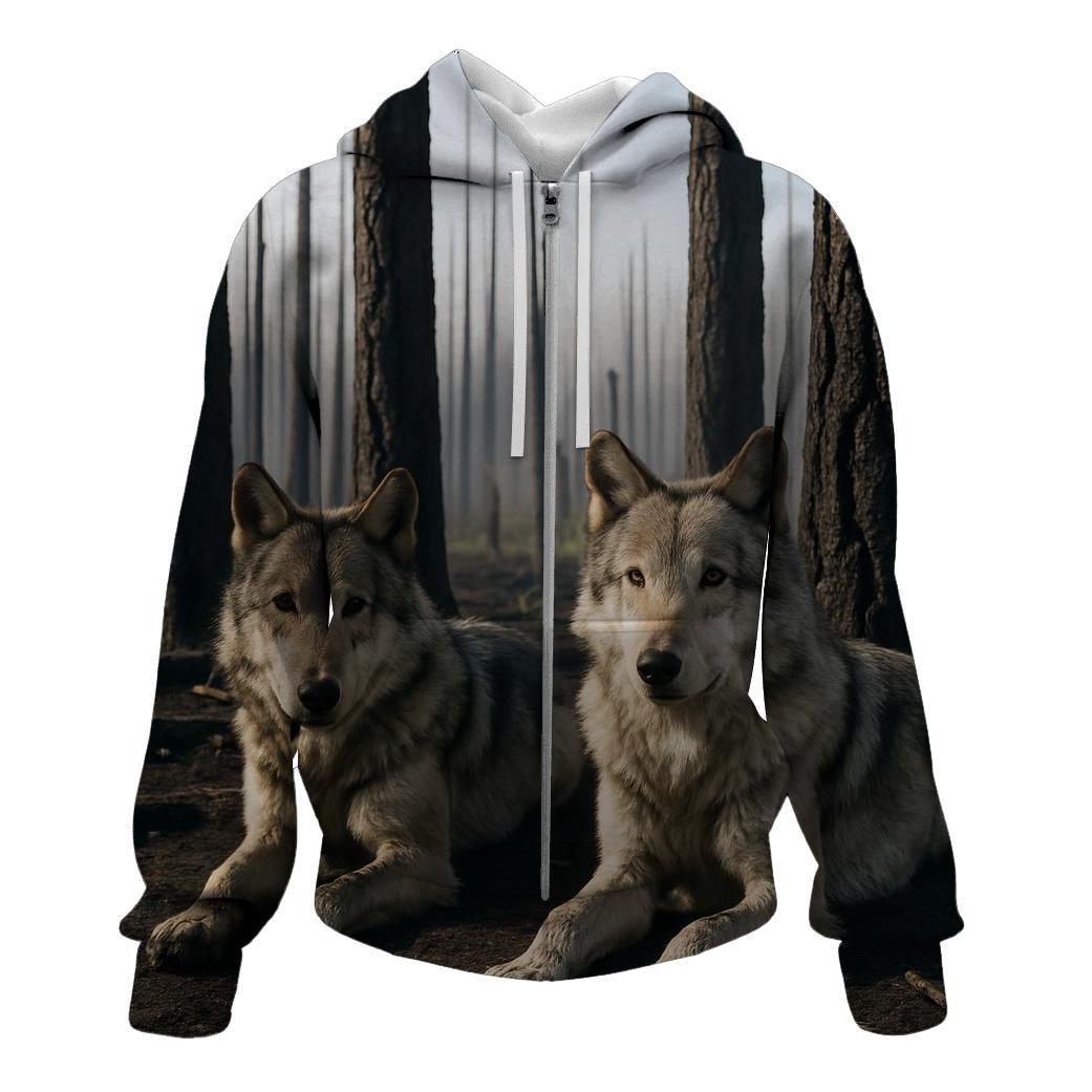 Wolves Resting In A Burn Scar Forest One Year After Wildfire premium hoodies