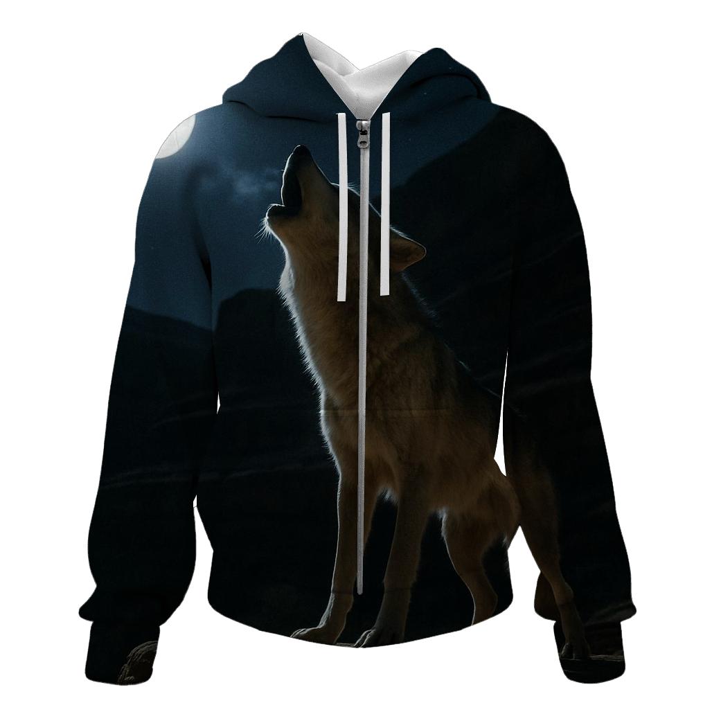 Wolf Howling Under A Full Moon In A Desert Canyon printed hoodies
