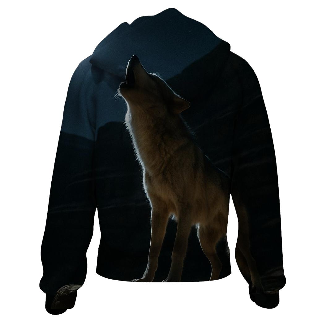 Wolf Howling Under A Full Moon In A Desert Canyon printed hoodies