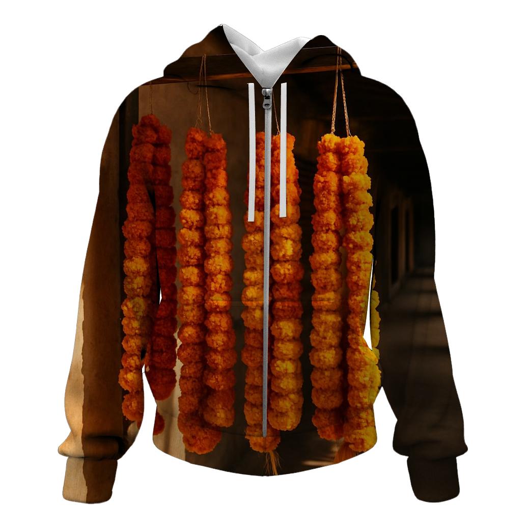 Marigold Garland Drying In A Market Corridor premium hoodies