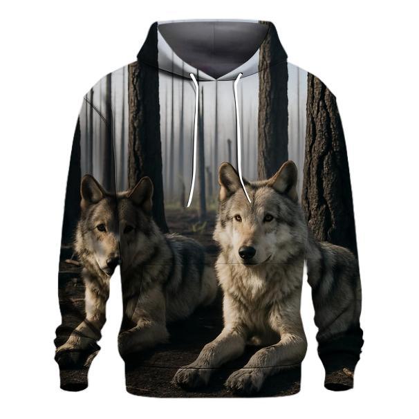Wolves Resting In A Burn Scar Forest One Year After Wildfire embroidered hoodies