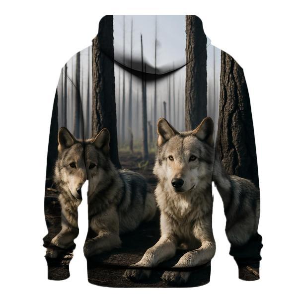 Wolves Resting In A Burn Scar Forest One Year After Wildfire embroidered hoodies