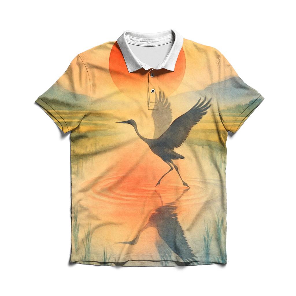 Japan Watercolor Crane Sun branded logo polo shirts