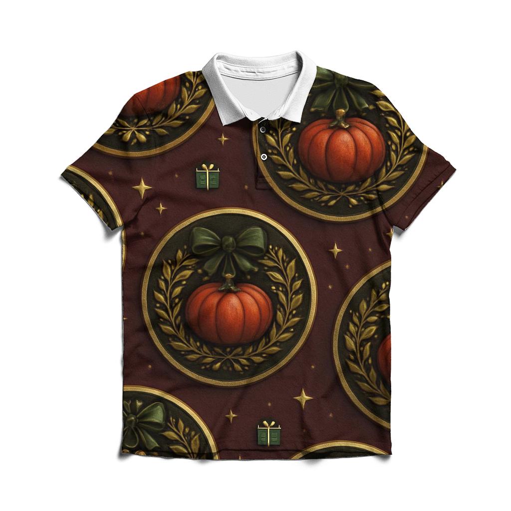 Gold Garland Pumpkin Medallions On Burgundy Background branded logo polo shirts