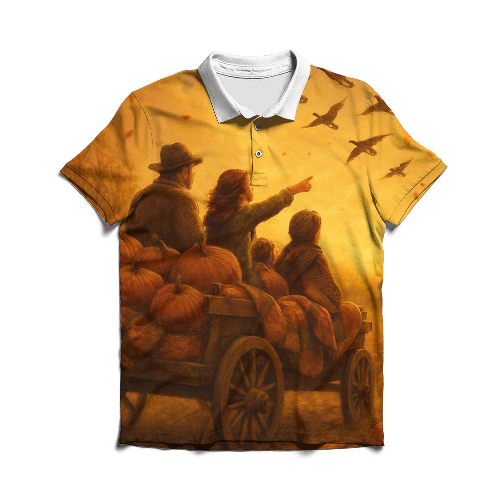 Pumpkin Patch Sunset Wagon Ride premium cotton polo shirts