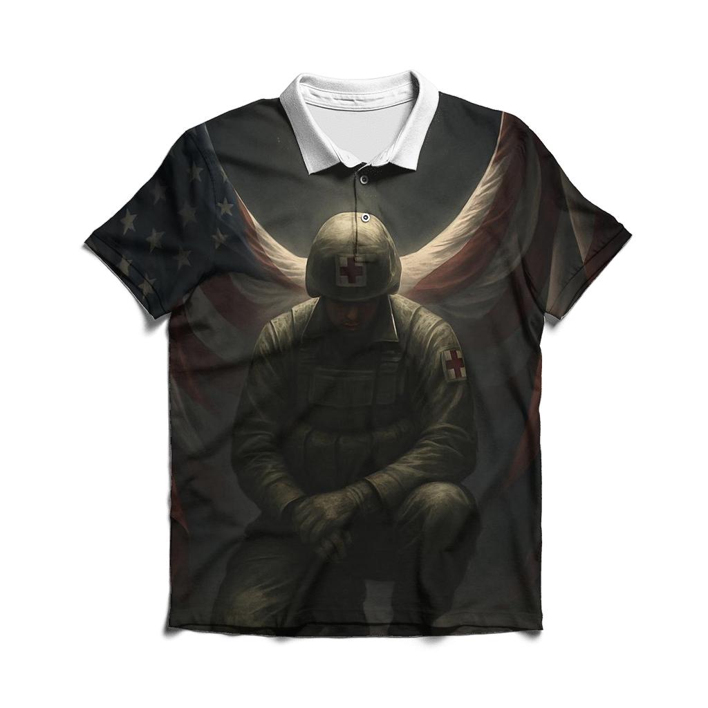 Guardian Angel Wings In Flag Fabric embroidered polo tops