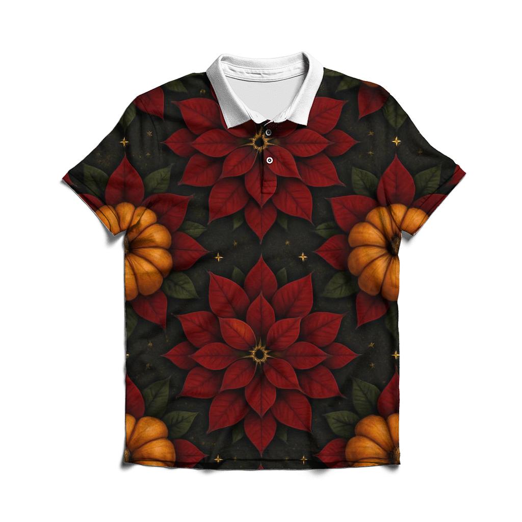 Poinsettia Pumpkin Rosette Tessellation On Charcoal Background casual sports polo shirts