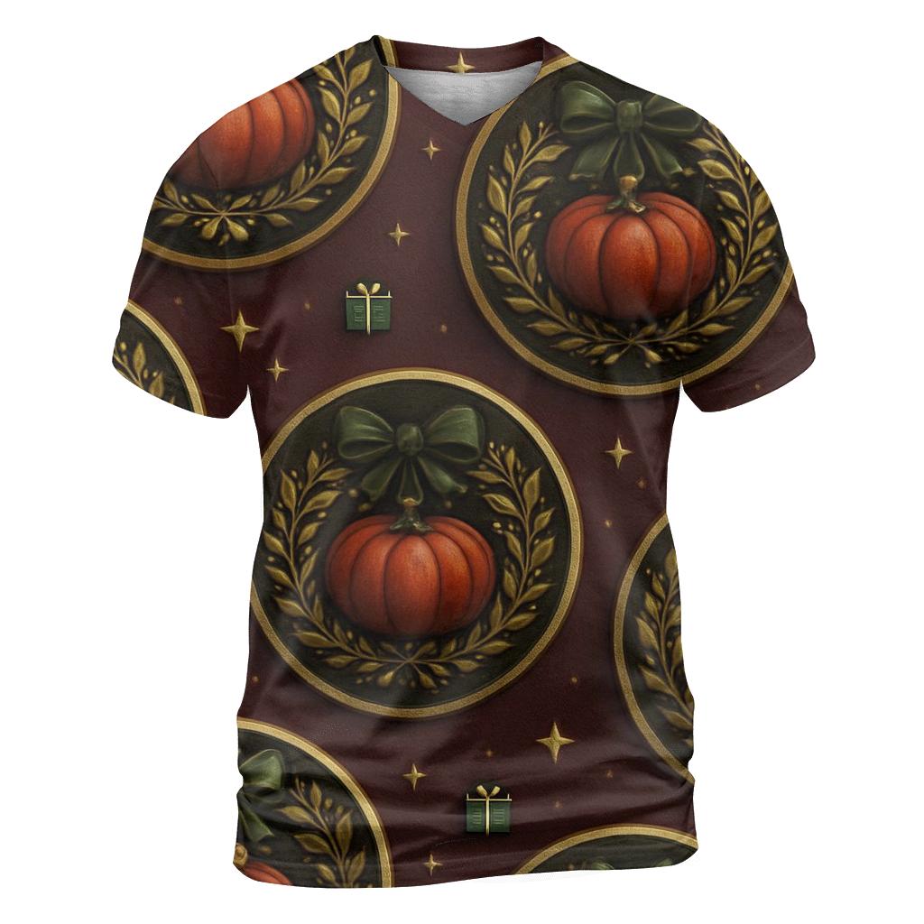 Gold Garland Pumpkin Medallions On Burgundy Background creative print fashion shirts