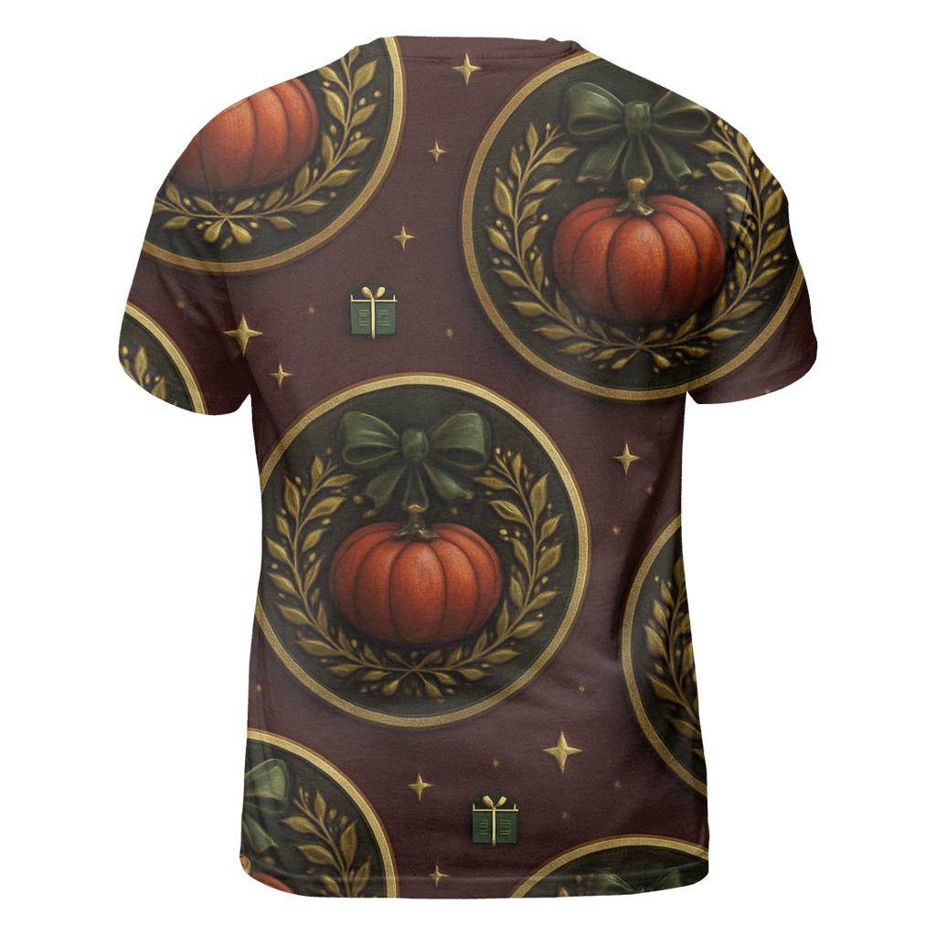 Gold Garland Pumpkin Medallions On Burgundy Background creative print fashion shirts