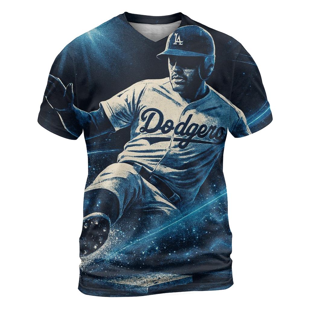 Steel Blue Slide Into Stardust artistic all-over print tops