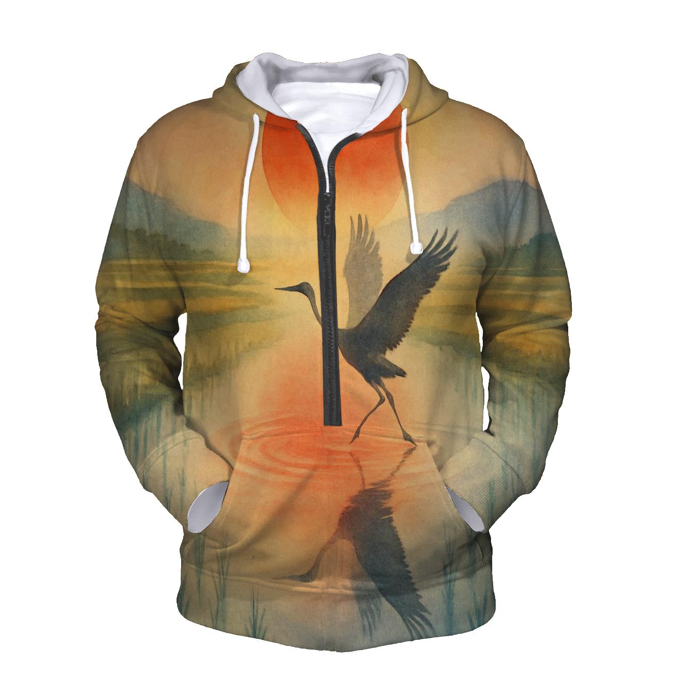 Japan Watercolor Crane Sun custom hoodies