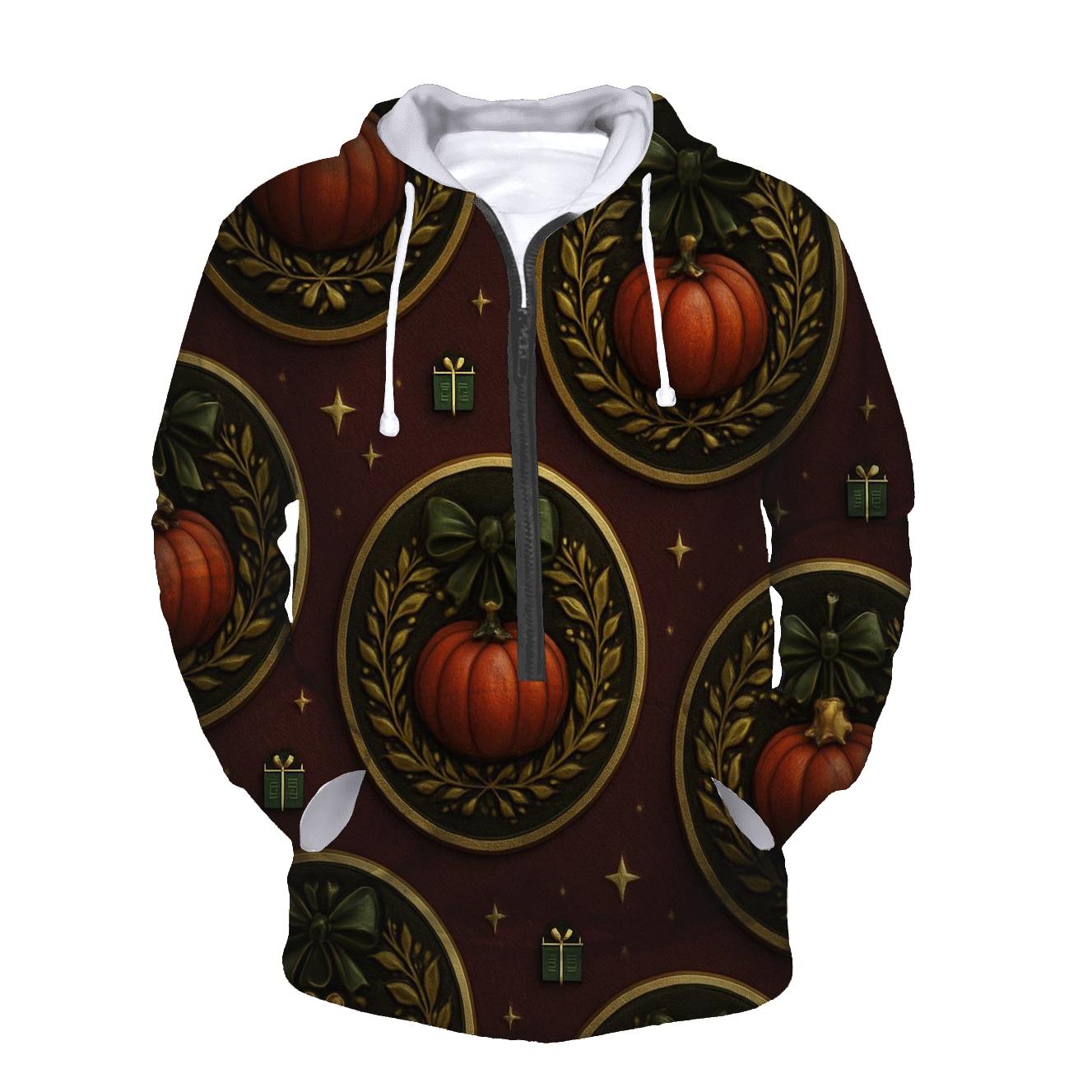 Gold Garland Pumpkin Medallions On Burgundy Background heavyweight hoodies
