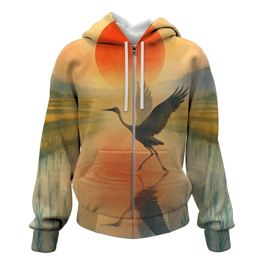 Japan Watercolor Crane Sun graphic hoodies