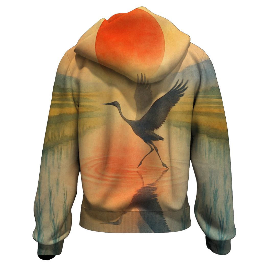 Japan Watercolor Crane Sun graphic hoodies