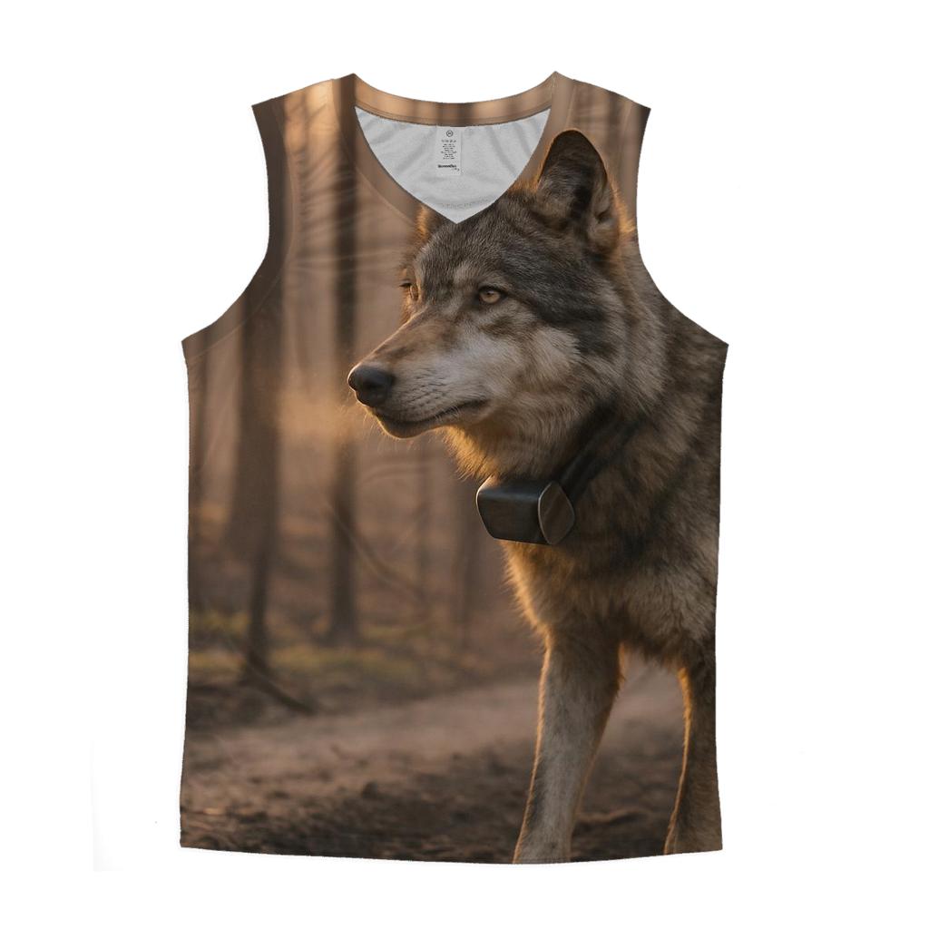 Radio Collared Wolf At The Boreal Firebreak graphic print tank tops
