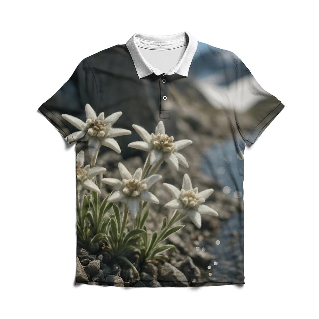 High Alpine Edelweiss Close Up Beside Melting Snowfields branded logo polo shirts