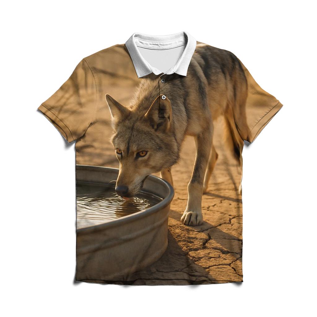 Mexican Gray Wolf At The Desert Stock Tank custom polo shirts