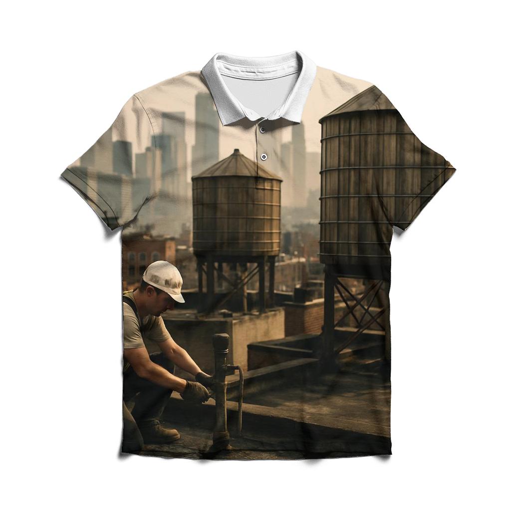 Chinatown Rooftop Water Tanks With Downtown Skyline Haze custom polo shirts