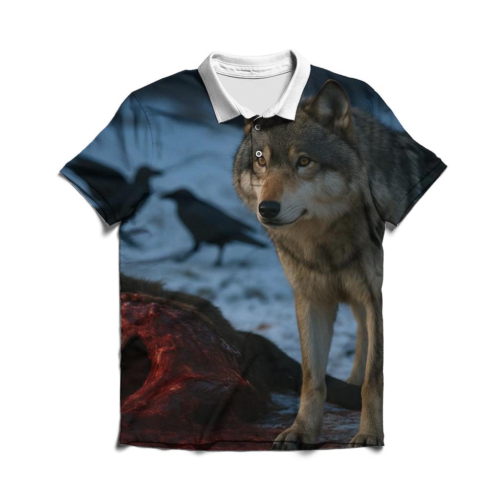 Gray Wolf Watching Ravens On A Moose Carcass Site casual sports polo shirts