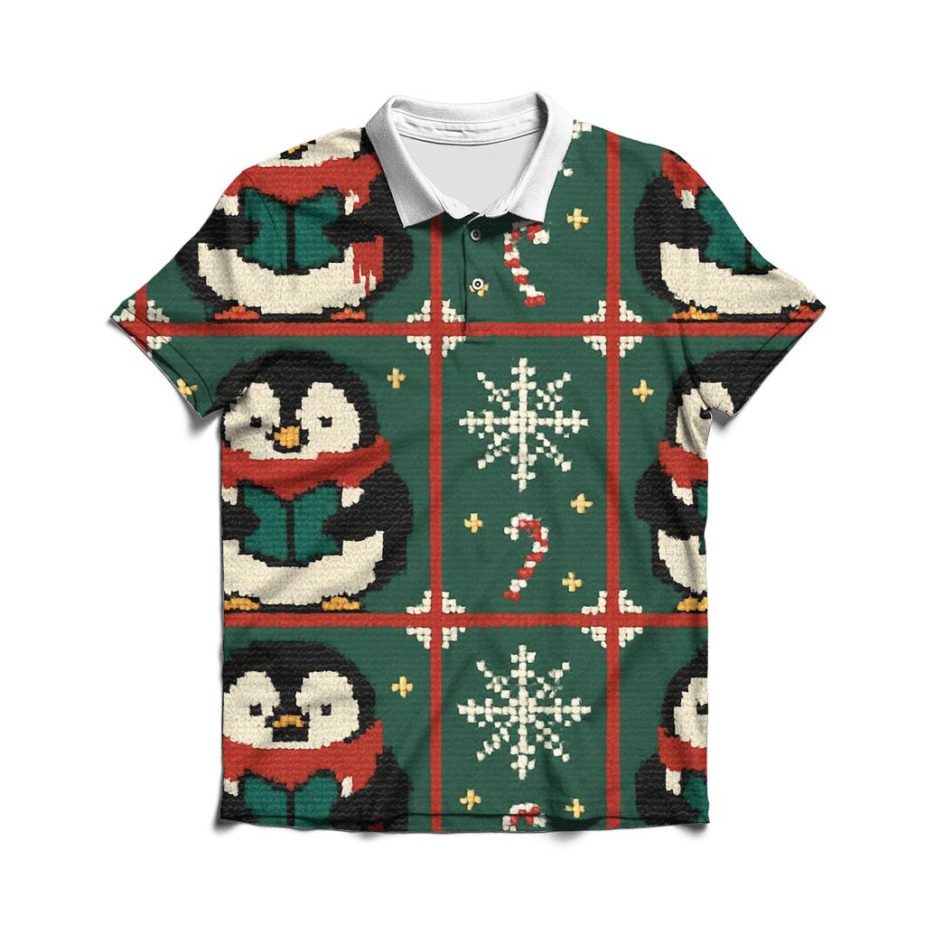 Penguin Caroler Window Grid Design embroidered polo tops