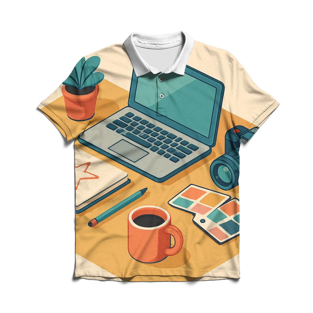 Playful Isometric Studio Workspace embroidered polo tops