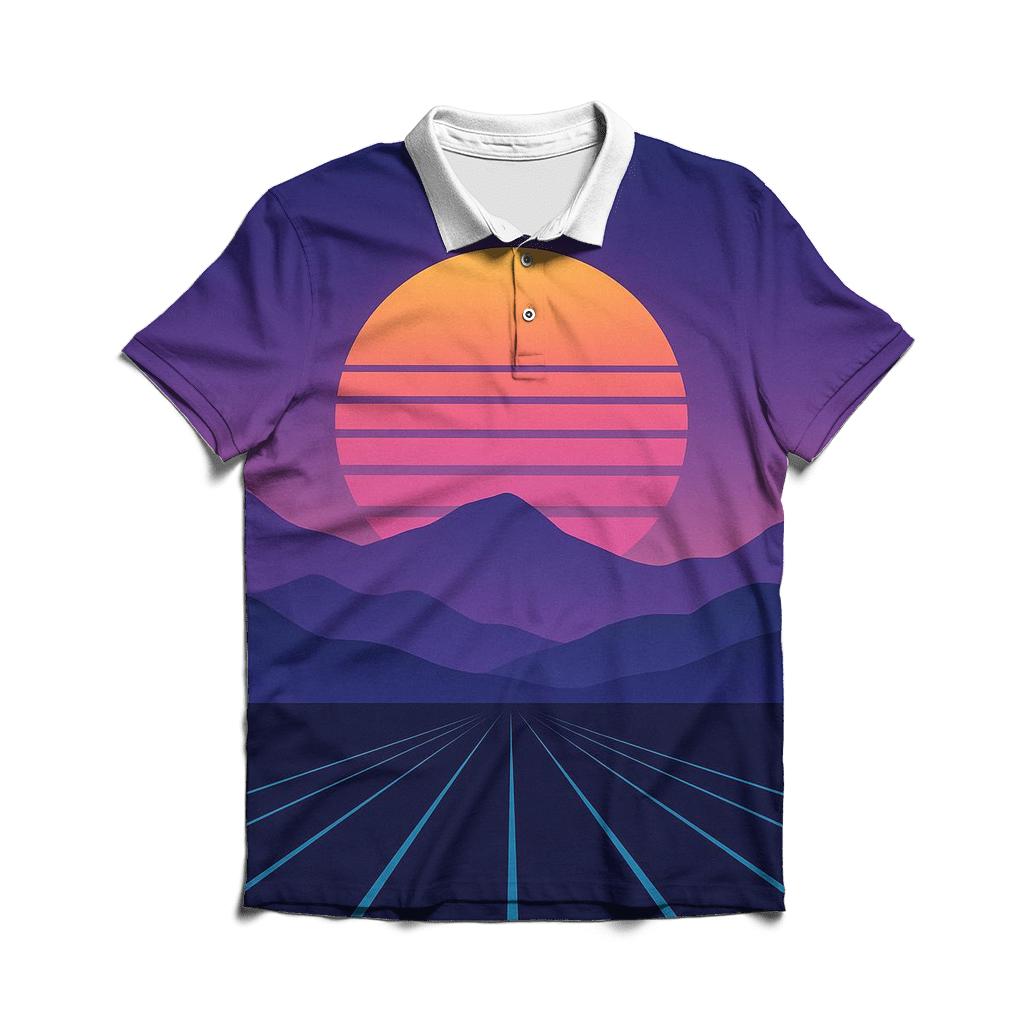 Synthwave Mountain Silhouette Layers casual sports polo shirts