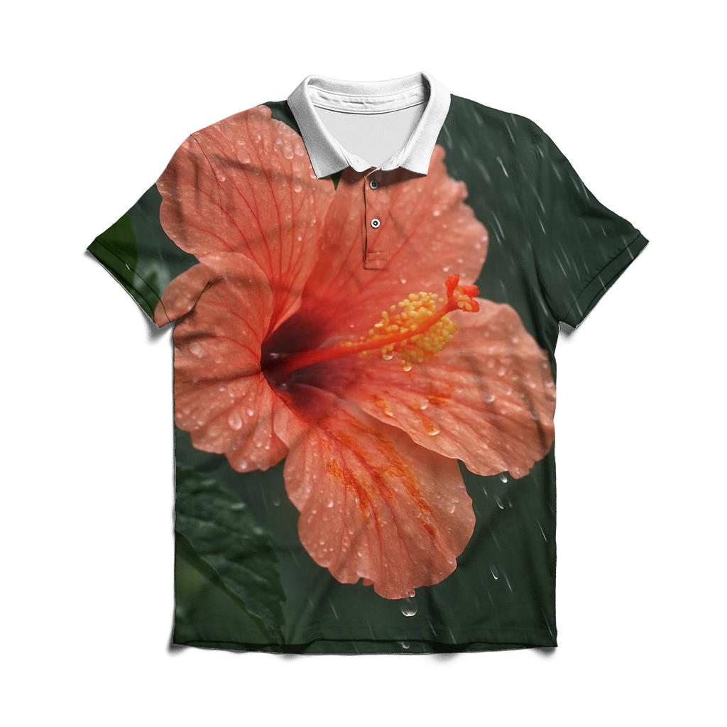 Monsoon Rain Hibiscus Bloom With Pollen Washed Across Petals casual sports polo shirts